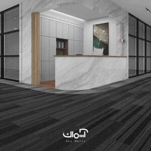 موکت تایل اداری VOGUE سری Vista Line کد Amsterdam 4100 1 موکت تایلی اداری 25*100 سانتی مستطیل با خطوط مشکی و طوسی برای فضاهای اداری و تجاری